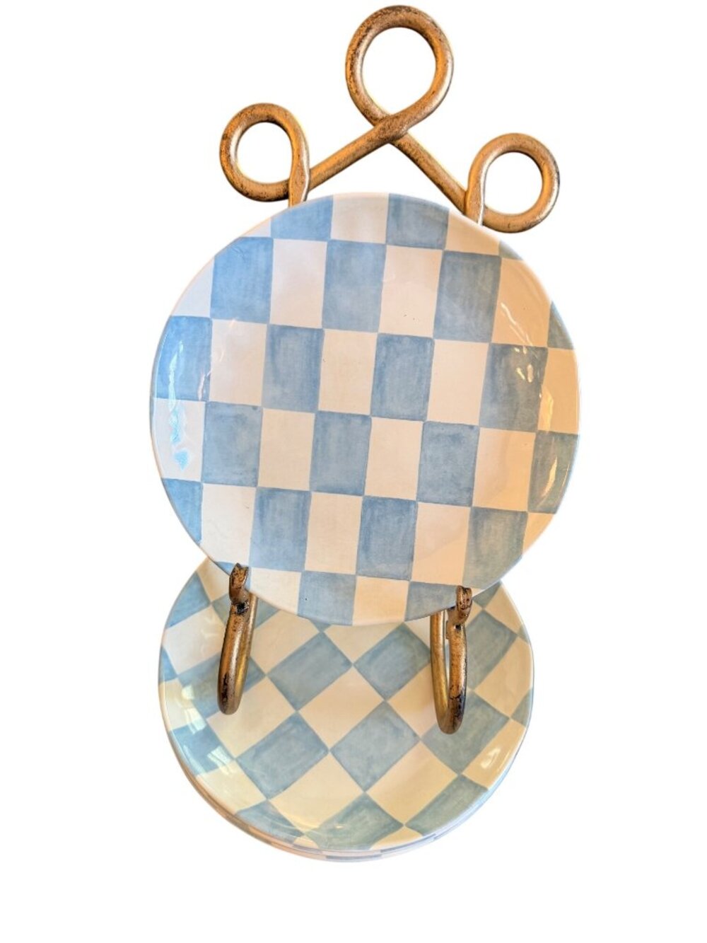 Set of 4 LIGHT BABY BLUE CHECKERED 6 1/2" Melamine Checked dessert plates‎